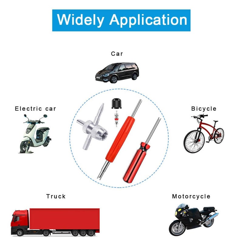 Riseuvo 6Pcs Tire Valve Stem Removal Tool - Single and Double Heads Valve Core Remover, 4-Way Valve Tool Great Tire Repair Tool, 10pcs Valve Stem Caps, 20pcs Valve Stem Core - Image 2